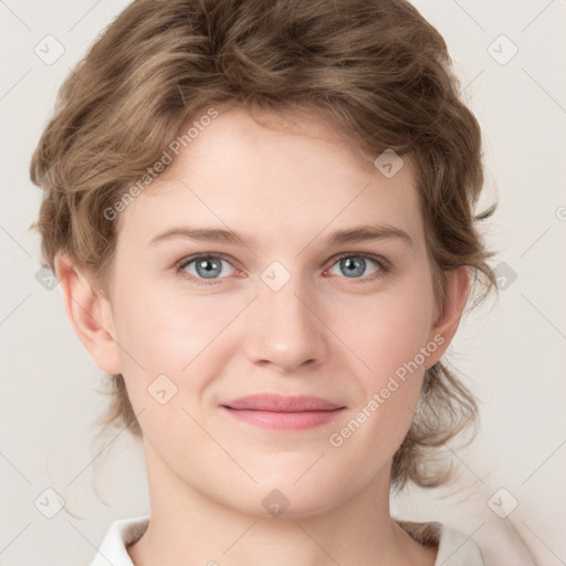 Joyful white young-adult female with medium  brown hair and blue eyes