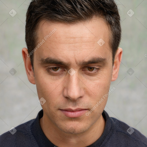 Neutral white adult male with short  brown hair and brown eyes