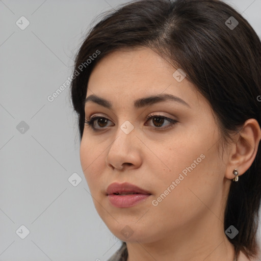 Neutral white young-adult female with medium  brown hair and brown eyes