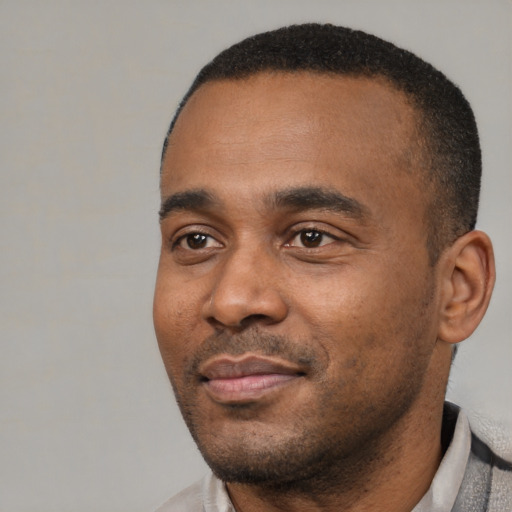 Neutral latino adult male with short  black hair and brown eyes