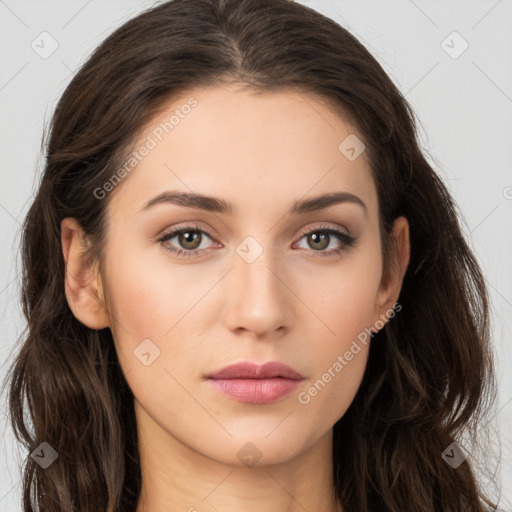 Neutral white young-adult female with long  brown hair and brown eyes