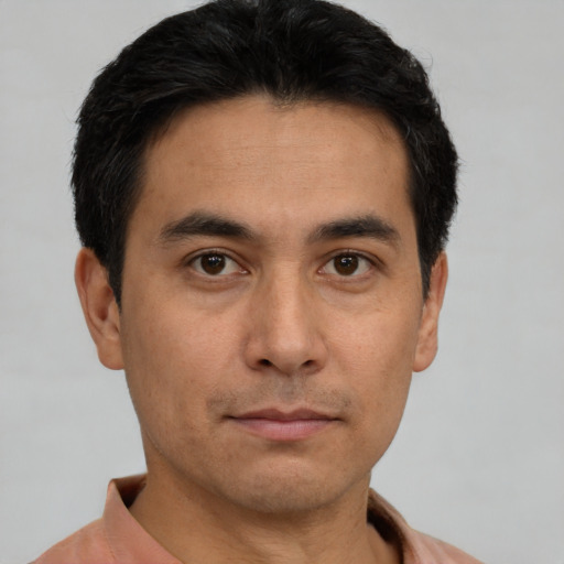 Neutral asian young-adult male with short  black hair and brown eyes