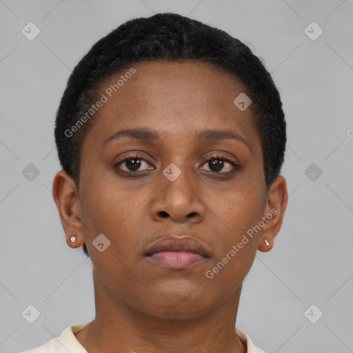 Neutral black young-adult female with short  brown hair and brown eyes
