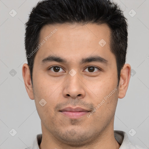 Neutral latino young-adult male with short  brown hair and brown eyes