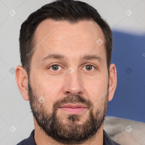 Neutral white adult male with short  brown hair and brown eyes