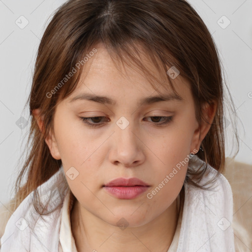 Neutral white young-adult female with medium  brown hair and brown eyes