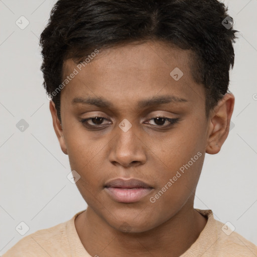 Neutral black young-adult male with short  brown hair and brown eyes