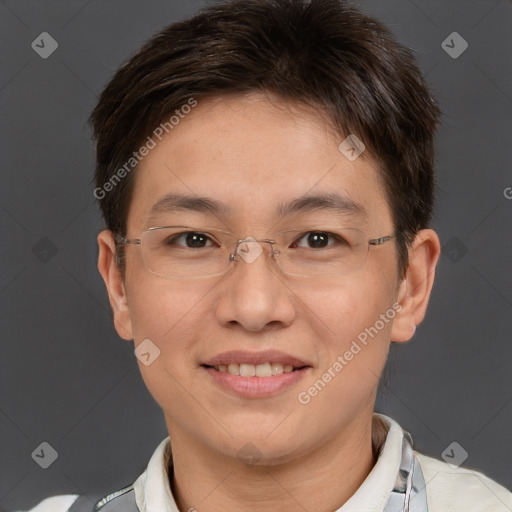 Joyful white adult female with short  brown hair and brown eyes