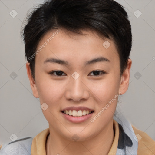 Joyful asian young-adult female with short  brown hair and brown eyes