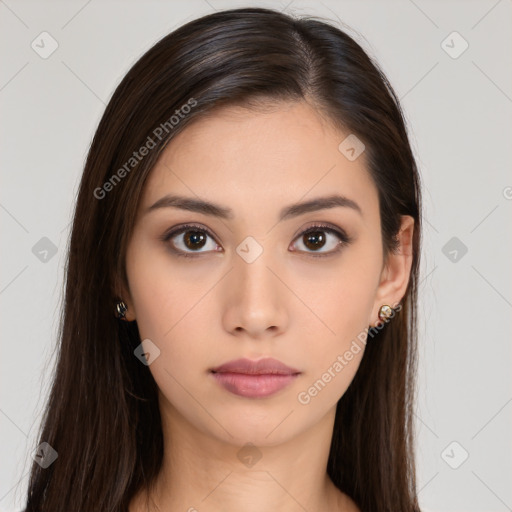 Neutral white young-adult female with long  brown hair and brown eyes