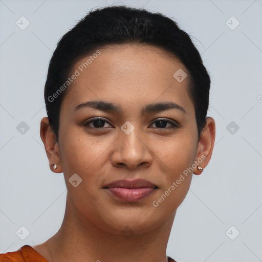 Joyful latino young-adult female with short  brown hair and brown eyes