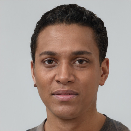 Neutral black young-adult male with short  brown hair and brown eyes