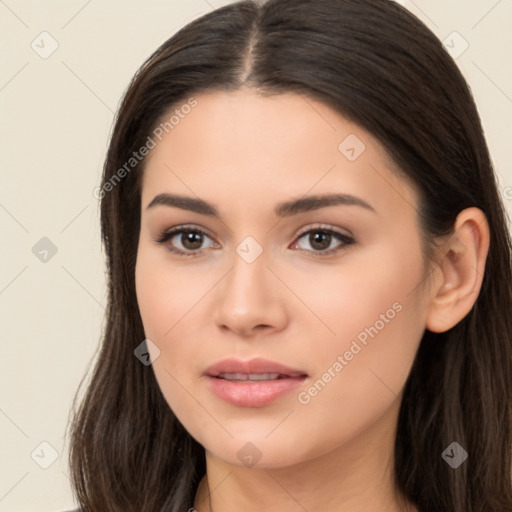 Neutral white young-adult female with long  brown hair and brown eyes