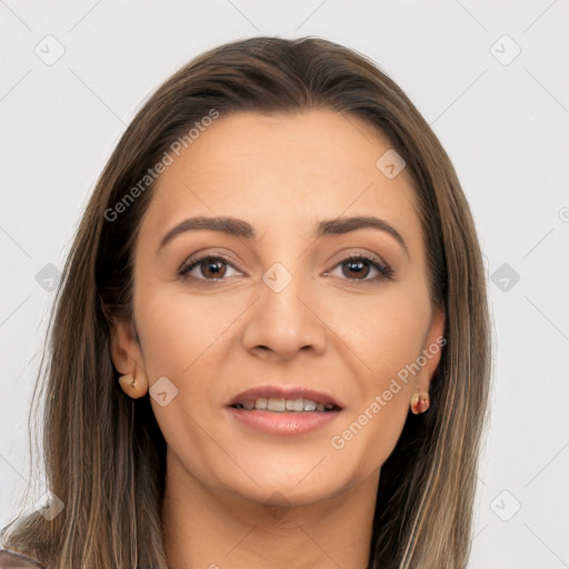 Joyful white young-adult female with long  brown hair and brown eyes