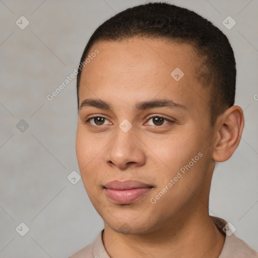 Joyful latino young-adult male with short  brown hair and brown eyes