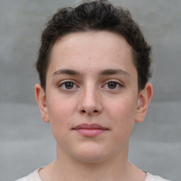 Neutral white young-adult female with short  brown hair and brown eyes