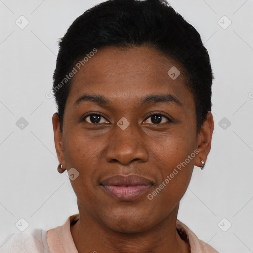 Joyful black young-adult female with short  black hair and brown eyes