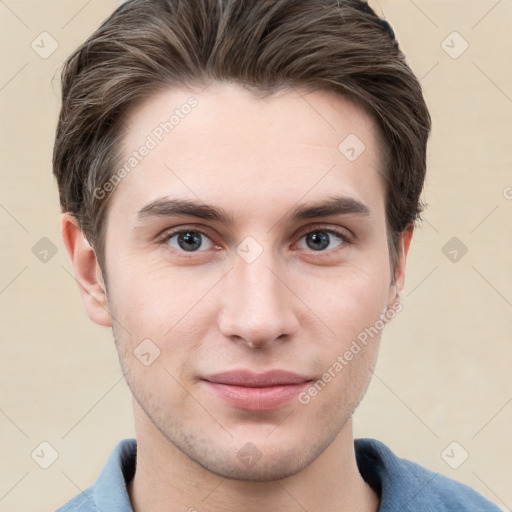 Neutral white young-adult male with short  brown hair and grey eyes