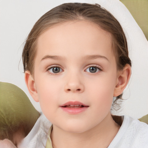 Neutral white child female with medium  brown hair and blue eyes