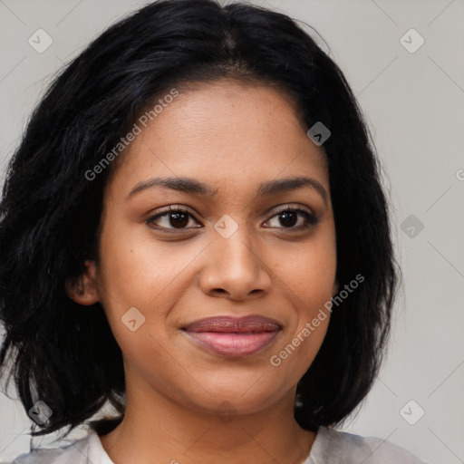 Joyful latino young-adult female with medium  black hair and brown eyes