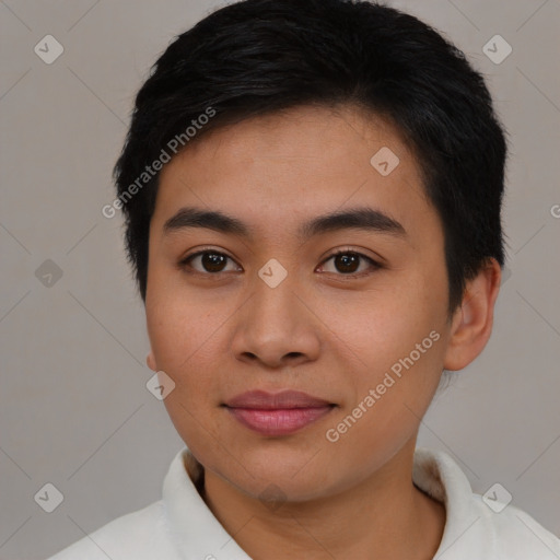 Joyful asian young-adult female with short  brown hair and brown eyes