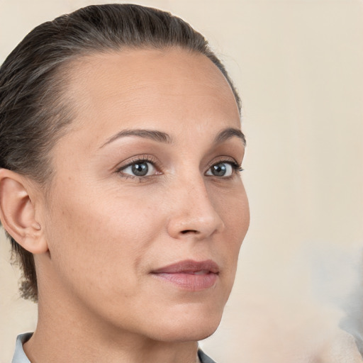 Neutral white young-adult female with short  brown hair and brown eyes