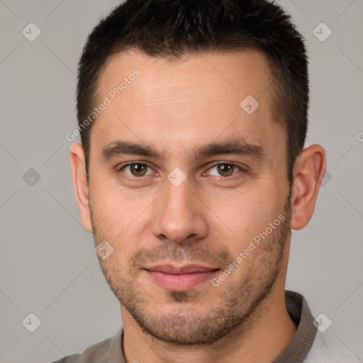 Neutral white young-adult male with short  brown hair and brown eyes