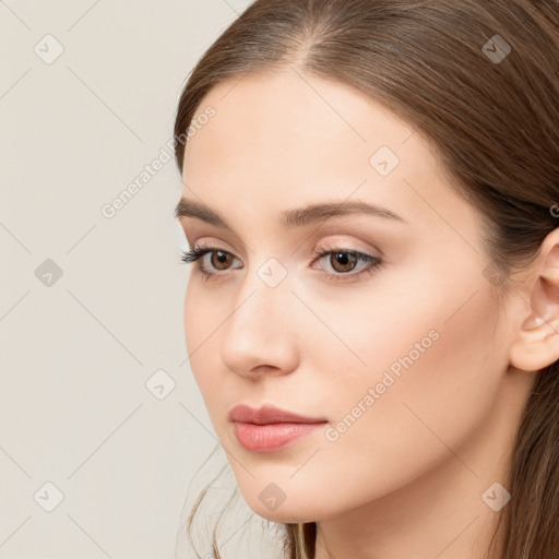 Neutral white young-adult female with long  brown hair and brown eyes