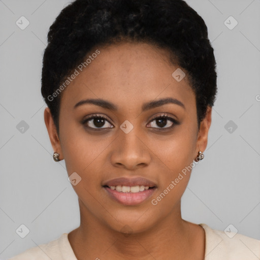 Joyful latino young-adult female with short  black hair and brown eyes