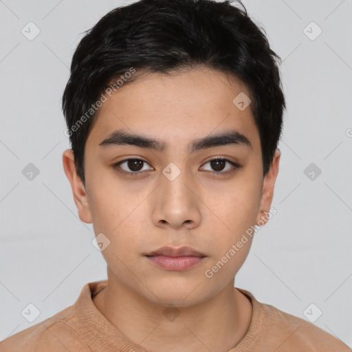 Neutral asian young-adult male with short  black hair and brown eyes