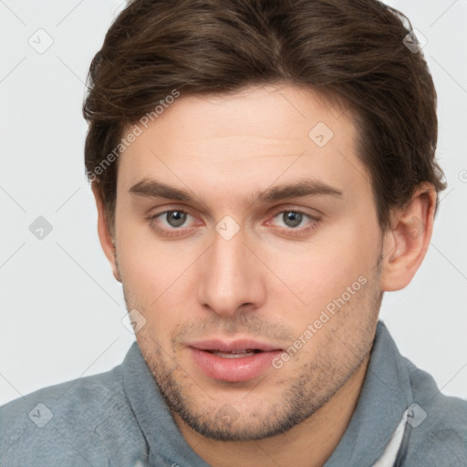 Neutral white young-adult male with short  brown hair and brown eyes