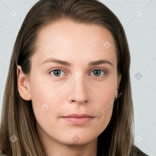 Neutral white young-adult female with long  brown hair and grey eyes