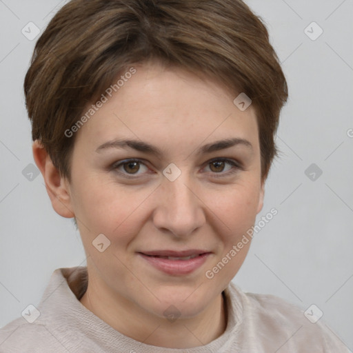 Joyful white young-adult female with short  brown hair and brown eyes