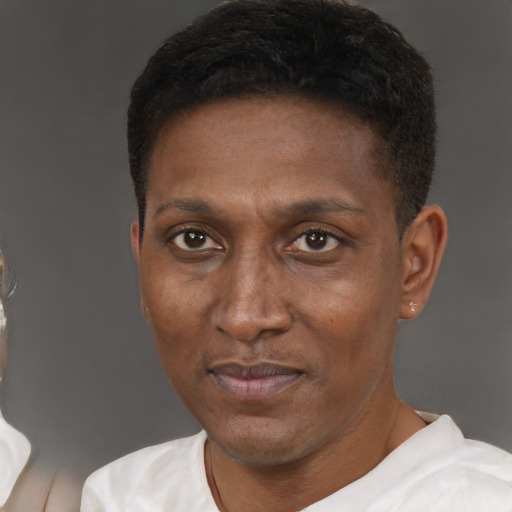 Neutral black adult male with short  brown hair and brown eyes