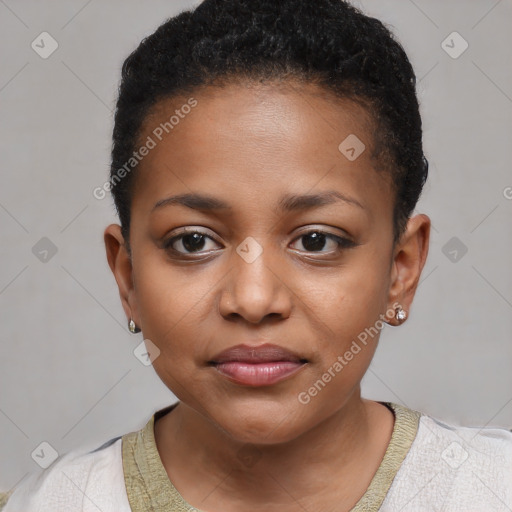 Joyful black young-adult female with short  brown hair and brown eyes