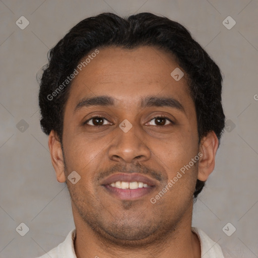 Neutral latino young-adult male with short  brown hair and brown eyes