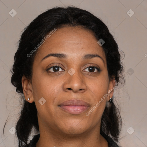 Joyful black young-adult female with medium  brown hair and brown eyes