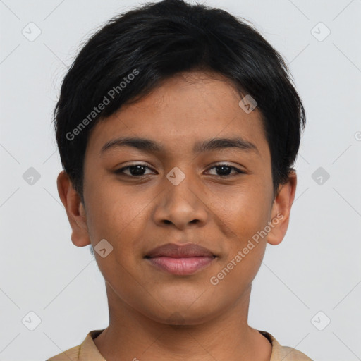 Joyful asian young-adult female with short  black hair and brown eyes