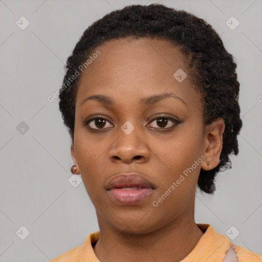 Neutral black young-adult female with short  brown hair and brown eyes