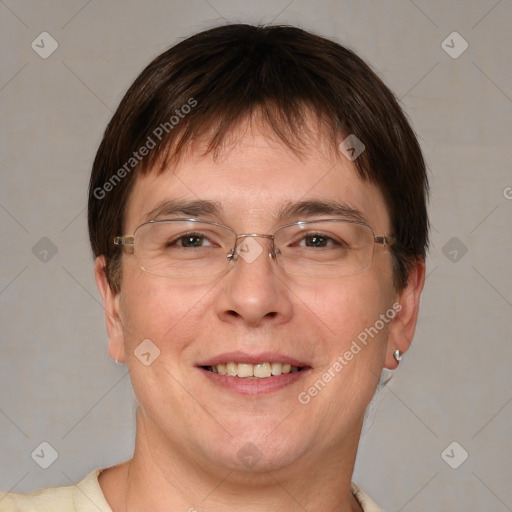 Joyful white adult male with short  brown hair and grey eyes