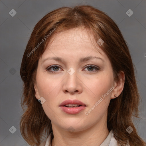 Neutral white young-adult female with medium  brown hair and brown eyes