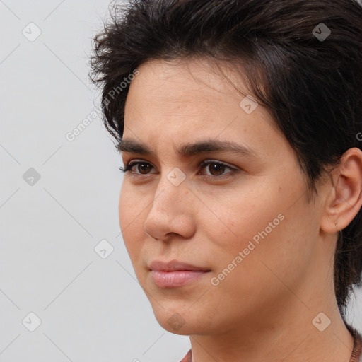 Neutral white young-adult female with medium  brown hair and brown eyes