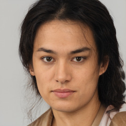 Neutral asian young-adult female with medium  brown hair and brown eyes