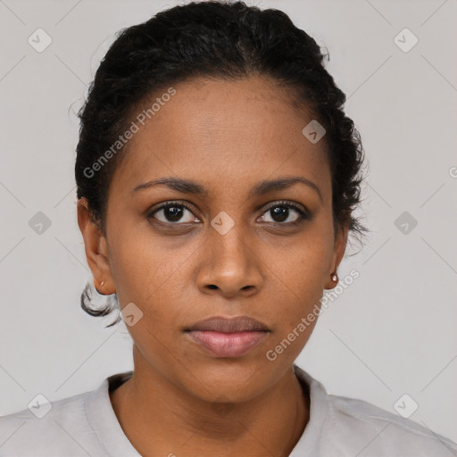 Neutral black young-adult female with short  brown hair and brown eyes