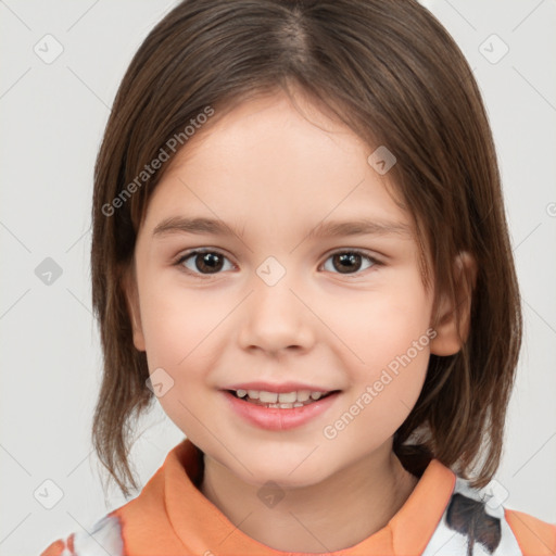 Joyful white child female with medium  brown hair and brown eyes