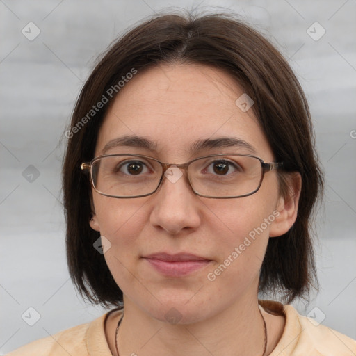 Joyful white adult female with medium  brown hair and brown eyes