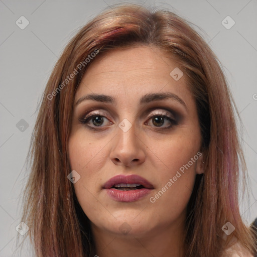 Joyful white young-adult female with long  brown hair and brown eyes