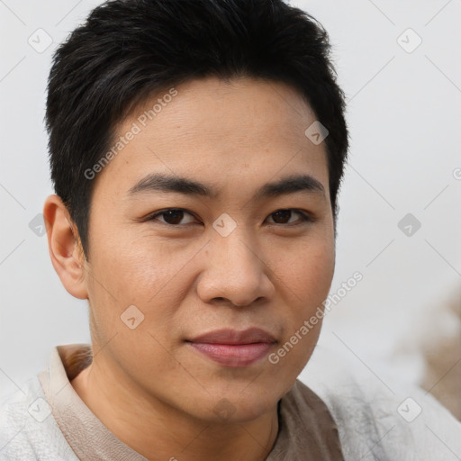 Joyful asian young-adult male with short  brown hair and brown eyes