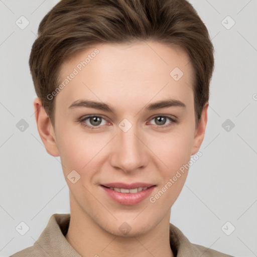 Joyful white young-adult female with short  brown hair and grey eyes