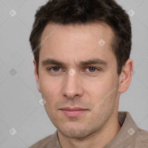 Neutral white young-adult male with short  brown hair and grey eyes